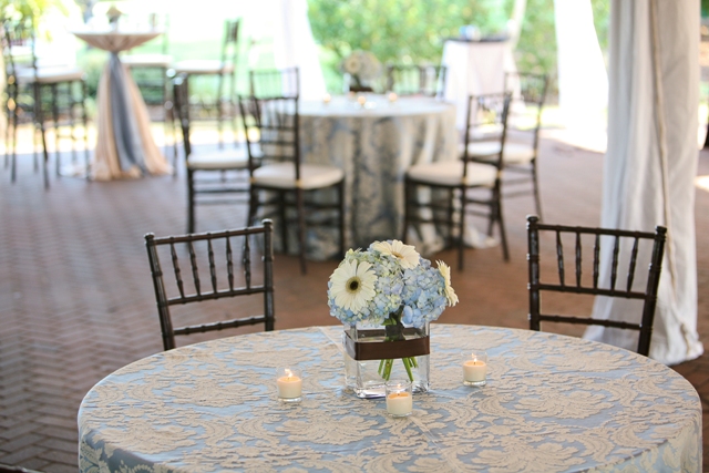 We found beautiful blue & ivory damask linens that just went with our crystal chandeliers like...peas & carrots!  :)