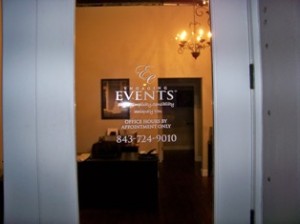 Office door with events company logo.