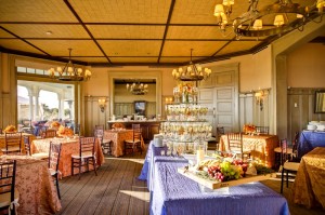 Elegant dining room with decorated tables.