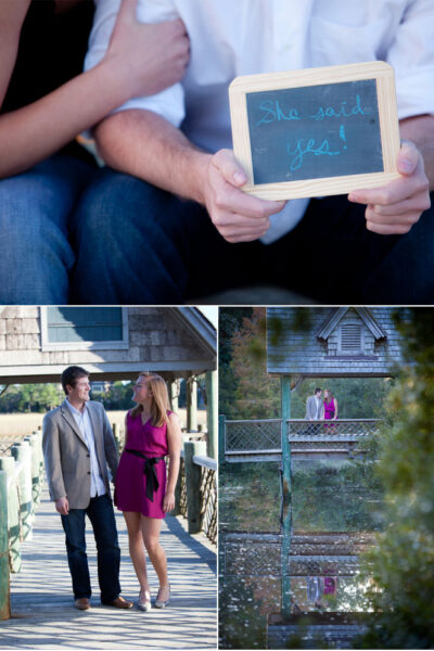 Couple holding "She said yes!" sign.