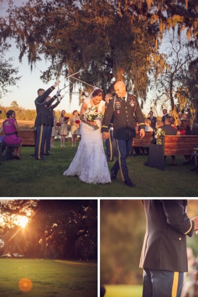 Outdoor wedding ceremony with military attire.