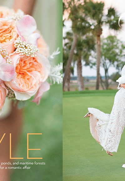 Bride and groom embracing on grassy field.
