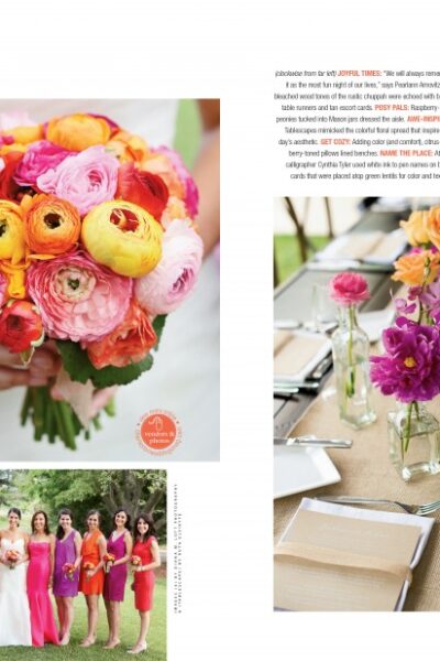 Wedding magazine spread with colorful floral arrangements.