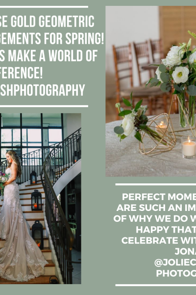 Elegant gold geometric floral arrangements brighten a spring wedding venue.