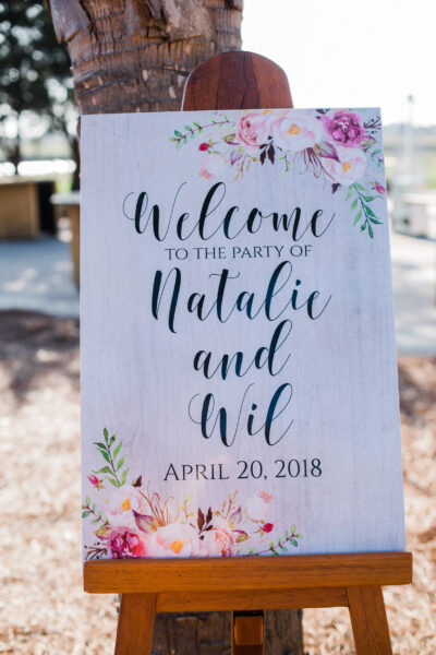 Welcome sign for Natalia and Wil's party on April 20, 2023.