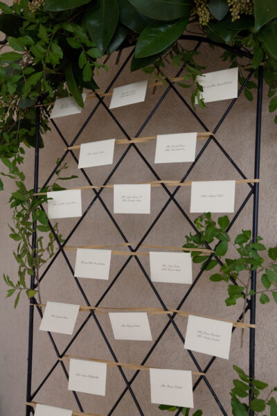 A plant trellis with labeled cards attached to it.