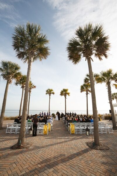 Outdoor wedding ceremony under tall palm trees at sunset.