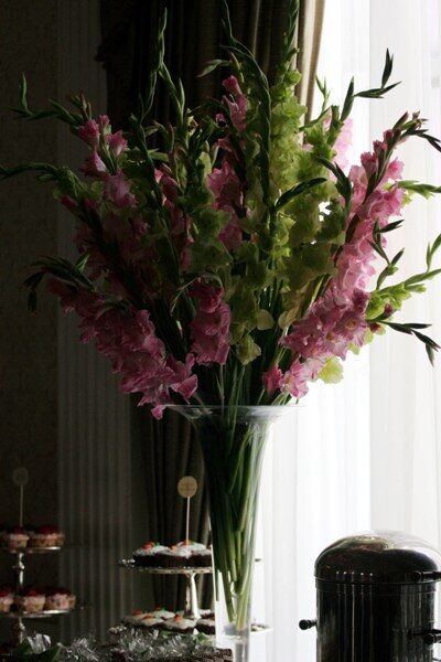 A vase with tall pink flowers by a window with sheer curtains.