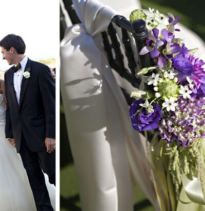 Bride and groom with a close-up of a purple and white bridal bouquet.