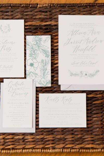 Elegant wedding invitation suite with floral accents on a woven mat.