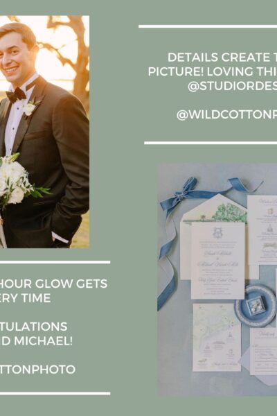 Elegant wedding couple and detailed wedding invitations with accessories.